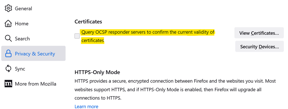 Certicates section under privacy and security, checkbox left unchekced